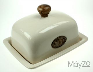 Beige Ceramic Pottery Cheese Dish & Lid Vintage Kitchen Table