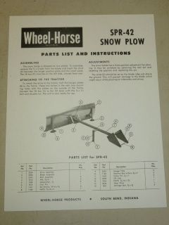 WHEEL HORSE TRACTOR SPR 42 SNOW PLOW PARTS LIST MANUAL