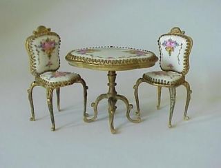   French Miniature Dollhouse Furniture Brass Porcelain Table Chairs