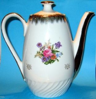 Vintage Japan Made Ceramic Teapot White w/ Flowers and Gold Handle 