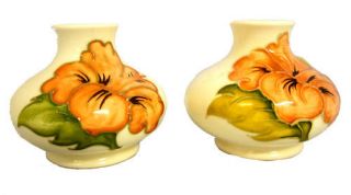Moorcroft Pair of Vases with Hibiscus Flower Painting 