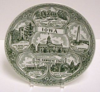 Vintage Iowa The Hawkeye State Plate w State Highlights Green & White 