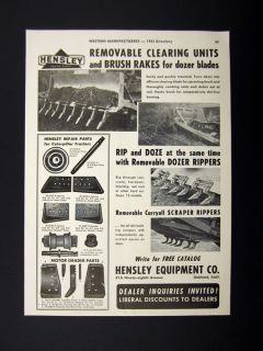 Hensley Equipment Dozer Blade & Scraper Rippers 1953 print Ad 