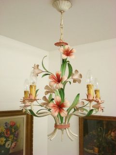 GORGEOUS PINK FLOWERS VTG FRENCH TOLE TOLEWARE CHANDELIER LIGHT LAMP 5 