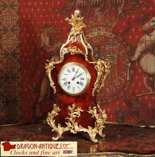   ORMOLU AND RED SHELL VENEER ROCOCO ANTIQUE FRENCH TABLE CLOCK C1880