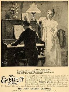 1895 Ad John Church Everett Piano Plectra Phone Attach   ORIGINAL 