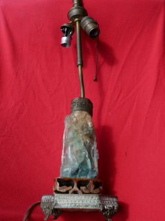 ANTIQUE Asian Export CARVED REAL JADE BRASS WOOD LAMP 24 TALL ca 1910