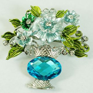  Blue Flower Vase Silver Plated Oval Gemstone Brooch Pins Fashion