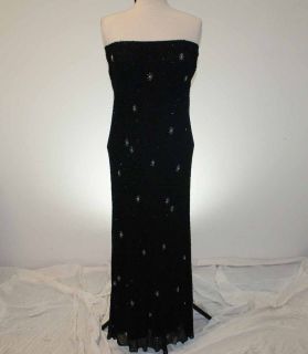 JENNY PACKHAM Black Silk Beaded Strapless Full Length Formal Gown 