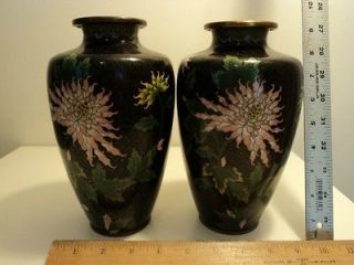 Pair Antique black Cloisonne Vases