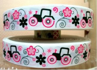 Yd John Deere tractor farm girl pink Grosgrain Ribbon Size 7/8 