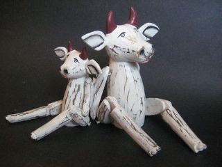 Cow Wooden Puppet   Rustic Wood Farm Animal Handcraft / Statue   Set 2 