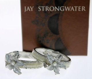 NIB JAY STRONGWATER Silver Crystal Embellished Lily Napkin Ring 2pc 