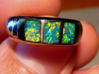   Color Super Bright Mens Black Opal Inlay Ring 14k White Gold Size 9