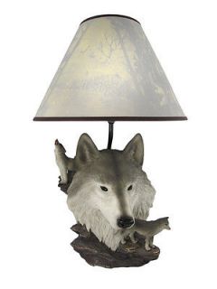 Gray Wolf Bust Table Lamp W/ Nature Print Shade