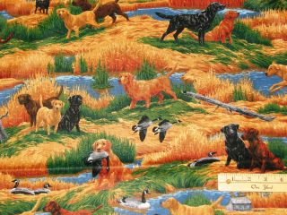 Hunting Dogs Black Golden Chocolate Labrador Fabric BTHY