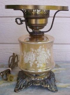 Vintage Floral Iridescent Gold Glass 3 Way Hurricane Table Lamp Base