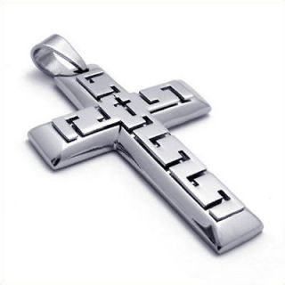 Large Heavy Silver Tone Stainless Steel Cross Pendant Mens Necklace 