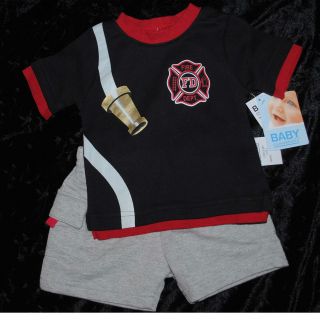   Baby Essentials Boy Size 6 Months FIREMAN T SHIRT & SHORTS OUTFIT Set