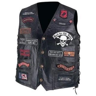 Leather Motorcycle Biker Vest w/23 Patches, USA NEW