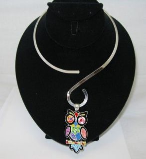   Abstract Quilt Pattern Owl Pendant on Silver S Loop Choker Necklace