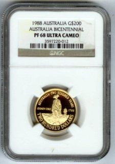 1988 GOLD AUSTRALIA $200 BICENTENNIAL NGC PROOF 68 ULTRA CAMEO