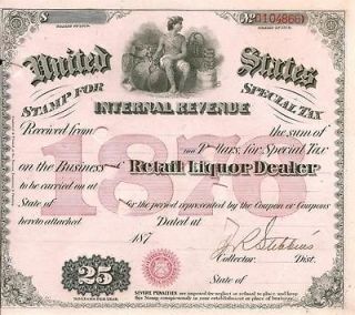   1876 MOONSHINE Whiskey STILL Liquor License Bar Brewer Distillery Tax