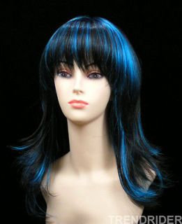   look black/Aqua blue long straight wig razor trim flip outs full bangs
