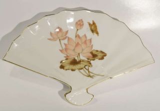 Vintage Fan Floral Lotus Water Lily Blossom Porcelain Dish Japan