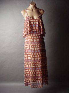  Print Mod Chiffon Ruffled Tiered Low Cut Back Slip Long Maxi Dress M