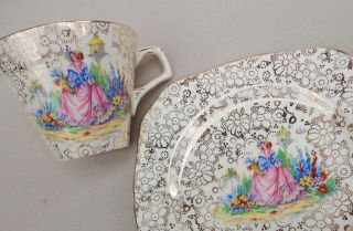 Tunstall UK Art Deco CRINOLINE LADY Bread Plate & Tea Cup Gold 