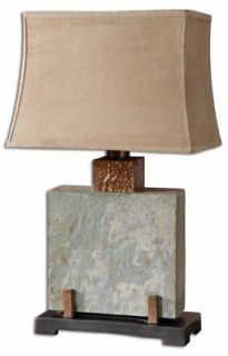 Square Slate Stone Table Lamp Hammered Copper Accents