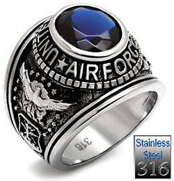   Simulated Blue Sapphire CZ US Air Force Military Stainless Steel Ring