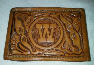 1978 Tooled Leather Belt Buckle Monogrammed W 3 1/2 X 2 1/2 Metal 