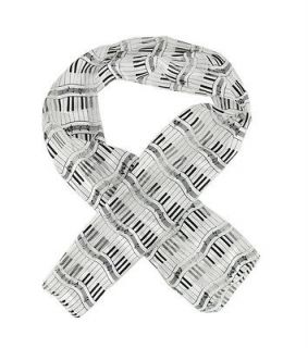White and Black Satin Musical Notes and Piano Keys Fashion Scarf