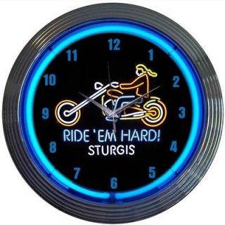 New Neon Clock sign Ride em Hard Stugis Motorcycle chopper Harley 