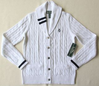 New Ralph Lauren Women Shawl Knit Logo Cardigan Sweater White M