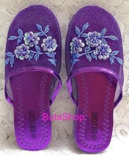 Women Mesh Beaded Sequinned Glitter Flower Flip Flop Slipper #A Purple 