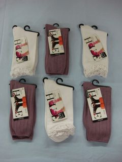 NWT Womens Hue Lace Trim & Vintage Wide Rib Socks 6 Pr. White/Lavender 