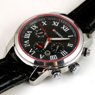 Great 6 DIAL CLOCK DAY HOURS HAND DATE WATER BLACK LEATHER MEN WRIST 
