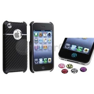Black Carbon Chrome Hard Skin Case+Zebra Button Sticker For iPhone 3G 