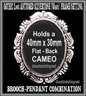ANTIQUE WASH SILVERTONE 40mm x 30mm CAMEO PIN BROOCH PENDANT FRAMES 