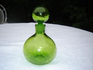 VINTAGE Blenko CRACKLE GLASS DECANTER BOTTLE 8 1/4 PONTIL Lime Green 