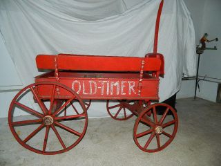   Childs Wagon W/Metal Bound Wooden Spindle Wheels Original Red Paint