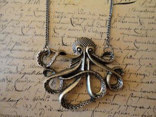Vintage Bronze Octopus Nautical Long Necklace Squid Kitsch Sailor 