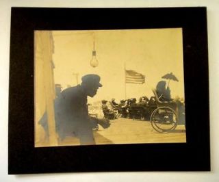 antique PHOTOGRAPH~BLACK MAN,FLAG, BULB, WHEELCHAIR,PARASOL 