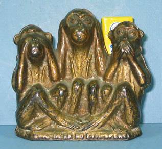   THREE WISE MONKEYS CAST IRON BANK GUARANTEED AUTHENTIC & OLD CI 613