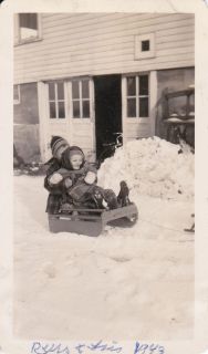 Vintage Old Photo Cute Boy & Girl on Sled in Snow USA 1943 Wintertime