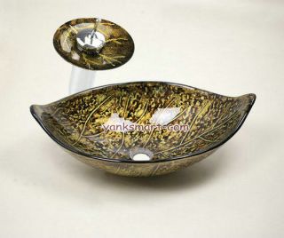   Gold leaf Vessel Washbasin Tempered Glass Sink With Brass Faucet L4142