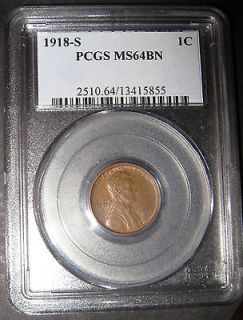 1918 S LINCOLN WHEAT CENT PCGS CERTIFIED MS64BN BROWN Penny